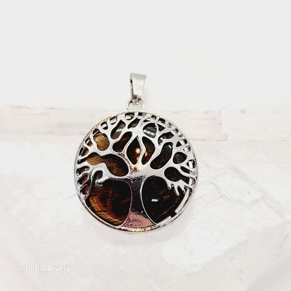 Yogi Tree of Life Tiger's Eye Silver Toned Handmade Pendant 1.5" - Picture 4 of 4